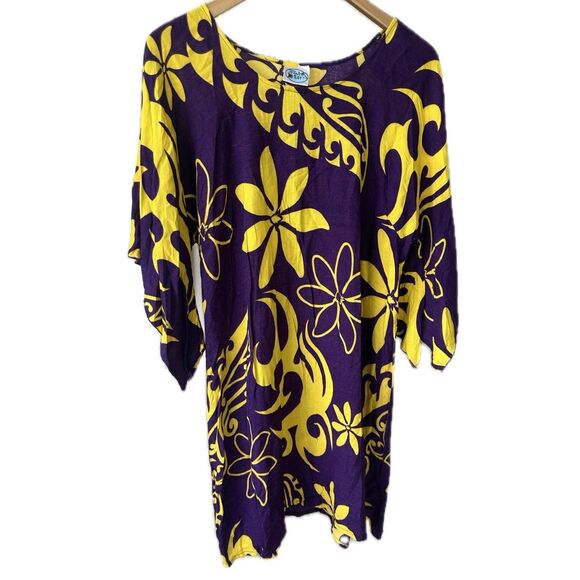 Hula Bay Purple Yellow Hawaiian Floral Tiare Waterfall Bell Sleeves Mini Dress M - Picture 1 of 5